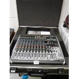 A Behringer QX 1832 USB wireless option mixer with instructions and flight case, as new.