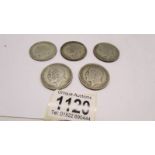 Five silver pre-1947 half crowns, 68 grams.