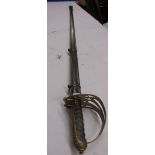 A brass hilted sword in sheath, 100 cm, blade 84 cm. Collect Only.