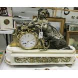 A French marble mantel clock surmounted bronze female figure with anchors. COLLECT ONLY.