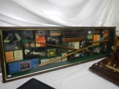 A large glazed 3D snooker display with many period contents, 155 x 44.5 x 11 cm.