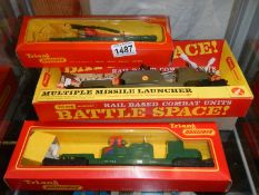 Three Tri-ang Hornby R.128 helicopter, R.341 Searchlight and R.343K Battle space multiple missile
