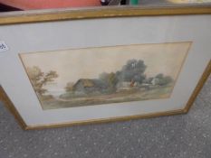 A framed and glazed watercolour farmyard scene, signed but indistinct.