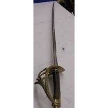 A long sword with brass hilt marked '9438', 114 cm, blade 87 cm. Collect Only.