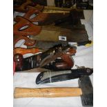 A mixed lot of tools including saws, plane etc.,