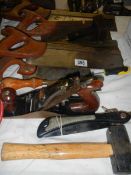 A mixed lot of tools including saws, plane etc.,