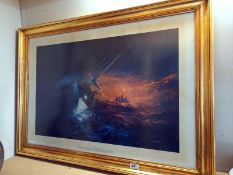 A large gilt framed sailing print titled 'A Fastnet Rescue' signed by Laurence Bagley.