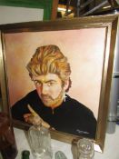 A framed oil on canvas portrait of George Michael signed E Cunnington.