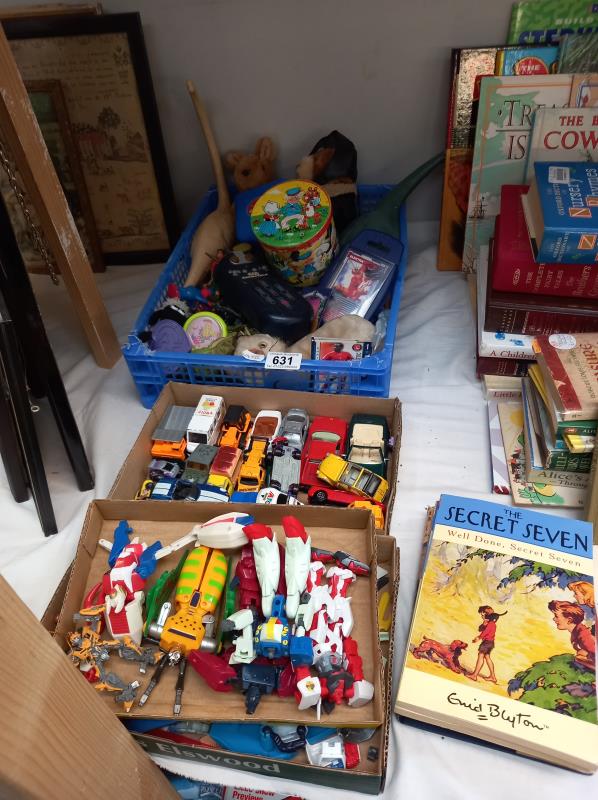 3 boxes of toy cars, figures, etc.