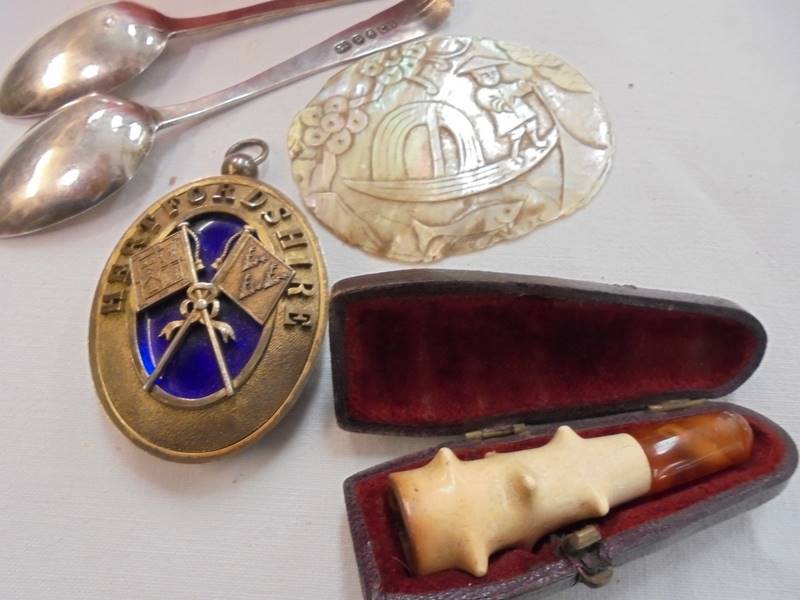 Two silver spoons, a cigarette holder and a mother of pearl plaque etc., - Image 3 of 3