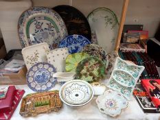 A good selection of Victorian/ Edwardian meat platters, other plates and a large painted round tray.