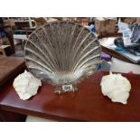 A large silver plated scallop shell dish 28cm x 26cm and 2 clam shells.