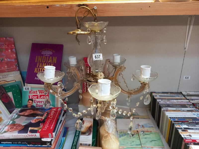 A late 20th century brass and glass chandelier. Collect Only.