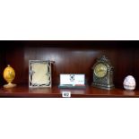 A boxed Macintosh sea gems letter opener and an art nouveau style photo frame, clock, etc.