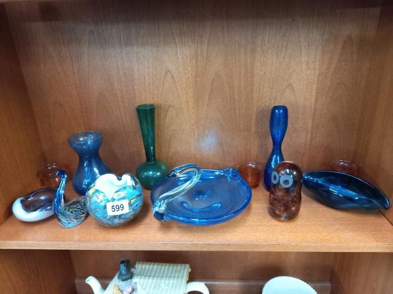 A selection of art glass, including Swan dish, Owl paperweight, etc.