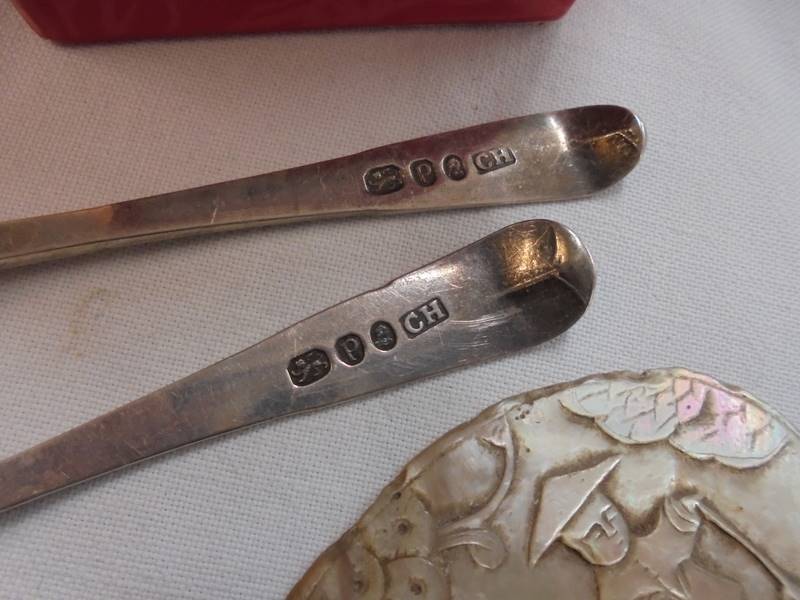Two silver spoons, a cigarette holder and a mother of pearl plaque etc., - Image 2 of 3
