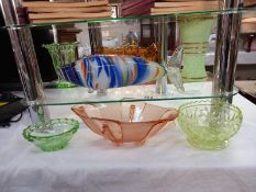 A coloured glass fish & a quantity of art deco glass bowls etc.