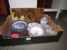 A mixed lot of ceramics and glass and two oil on board paintings. COLLECT ONLY.