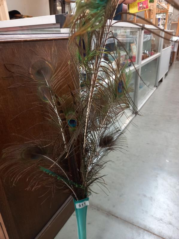 A 1930's blue glass spill vase containing peacock feathers (vase 40 cm). - Image 3 of 3