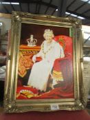 A framed oil on board portrait of Queen Elizabeth II signed E Cunnington. (49cm x 38.5cm x 4cm)