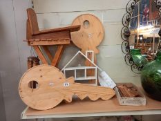 A quantity of wooden items including 2 large Yale key cut outs, folding stool etc.