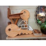 A quantity of wooden items including 2 large Yale key cut outs, folding stool etc.