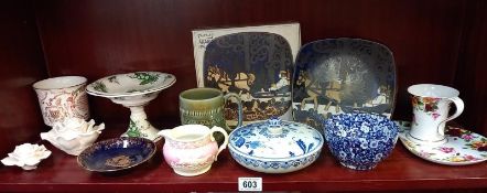 A Delft lidded pot, Wade tankard, pink Japanese jug, Limoge dish, etc.