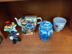 A Murano glass clown, Ringtons blue and white tea caddy, etc.