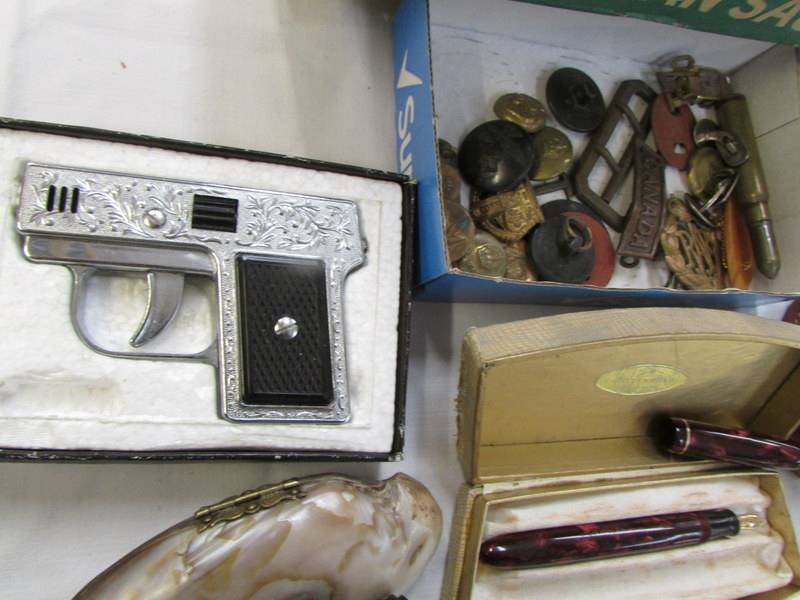 A mixed lot including pistol lighter, fountain pen, badges, buttons etc., - Image 2 of 4