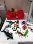 A quantity of hard rubber and plastic animals, including insects, lion, whale, dinosaur, etc.