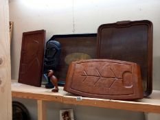 Edwardian oak trays, tribal carving, etc.