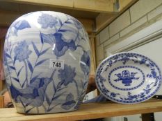 A large blue and white ginger jar (chip to rim) and a blue and white dish.