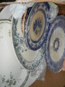 A large box of blue and white plates etc.,