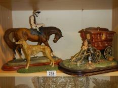 A horse with jockey figure, a gypsy caravan and a greyhound.