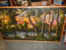 A painting on canvas of a tropical scene.