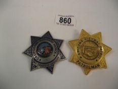 An Arizona and California highway patrol, patrolman and traffic officer star badges, approximately