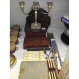 A selection of vintage cased cutlery etc including candleabra, mahogany tea caddy, burr walnut cigar