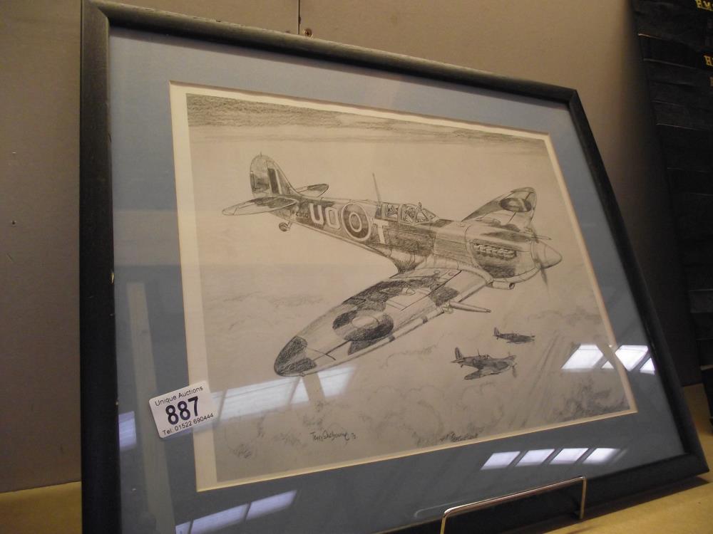 A pencil drawing print of a Spitfire by Terry Sherbourne '79