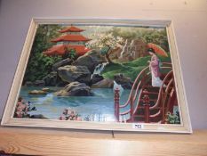 A vintage painting on board of a Chinese scene.