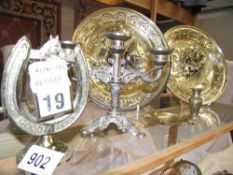 A quantity of brass including candlesticks