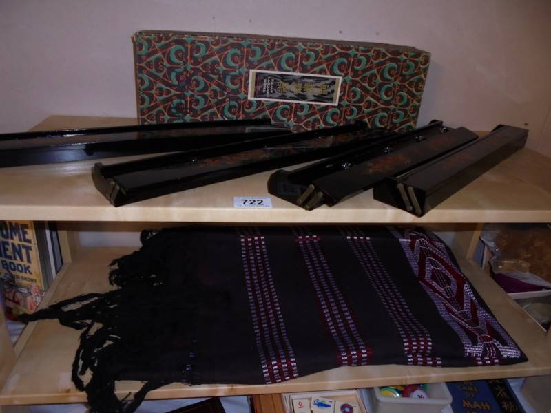 A 1980's Nigerian weaving wall hanging and boxed 4 Chinese lacquered pen rests.