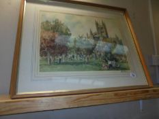 A framed and glazed signed print of a watercolour Cathedral scene. 80cm x 66cm. Collect Only.