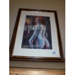 A Michael Jenkins modernist acrylic painting on board of a posing female, nude from behind. Circa