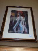 A Michael Jenkins modernist acrylic painting on board of a posing female, nude from behind. Circa