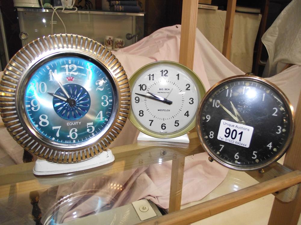 3 vintage alarm clocks including Equity, Big Ben Westclock etc.