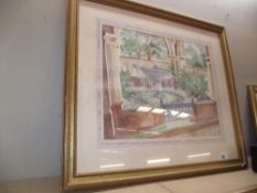 A large framed print of a watercolour of a fountain garden by Richard Arelman 75cm x 65cm