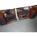 A quantity of vintage tuners/record players, speakers all by Marconi etc