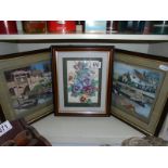 2 x 3d decoupage scenes of barges on canals and 1 floral display