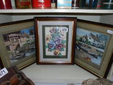 2 x 3d decoupage scenes of barges on canals and 1 floral display