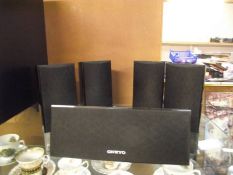 An Onkyo powered Sub Woofer SKW-501 with speakers and speaker stands, with remote and